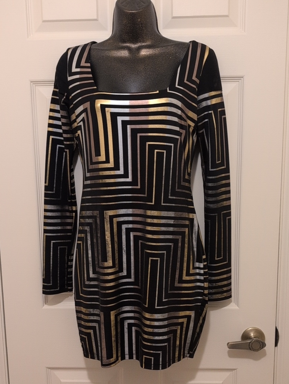 bebe Black Midi Dress with Gold & Silver Geometric Stripes